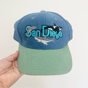 Vintage Blue and Green San Diego Snackback Cap w Embroidered Whales Orcas 80s
